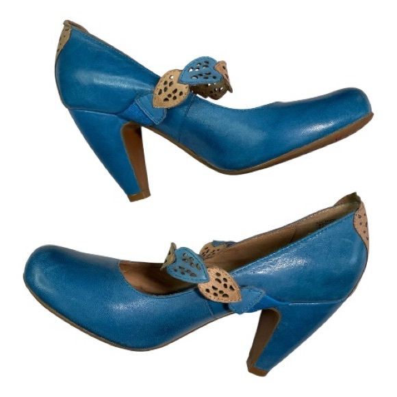 Miz Mooz Solange Leather Maryjane’s Size 7 Turquoise/Tan 3.5” Pump Leaf Strap - Picture 3 of 13